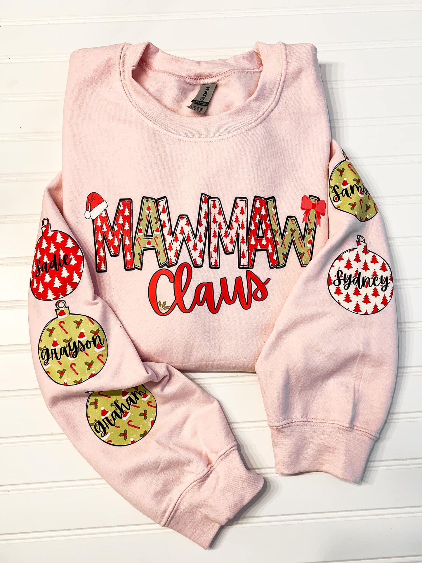 Mawmaw Claus Personalized Shirt, Nana Claus Sweatshirt, Mimi Claus Sweater, Mama Claus tshirt, Christmas Sweater for Her, Names On Sleeves